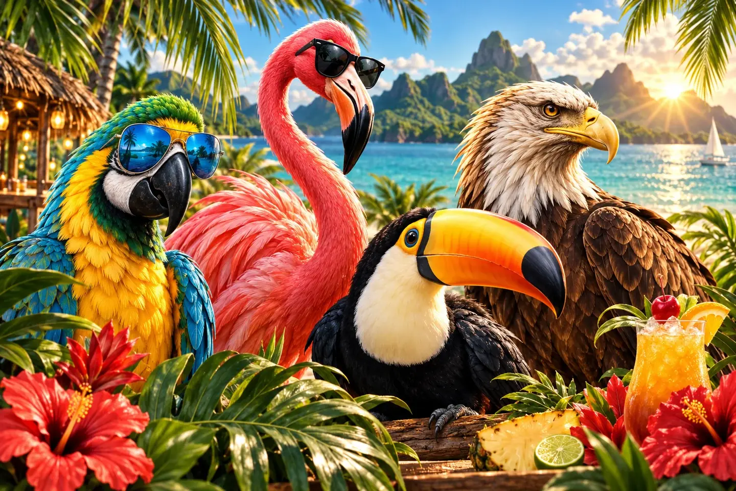 The RIO label heroes: sunglasses-wearing macaw and flamingo, a toucan and an eagle in a tropical lagoon