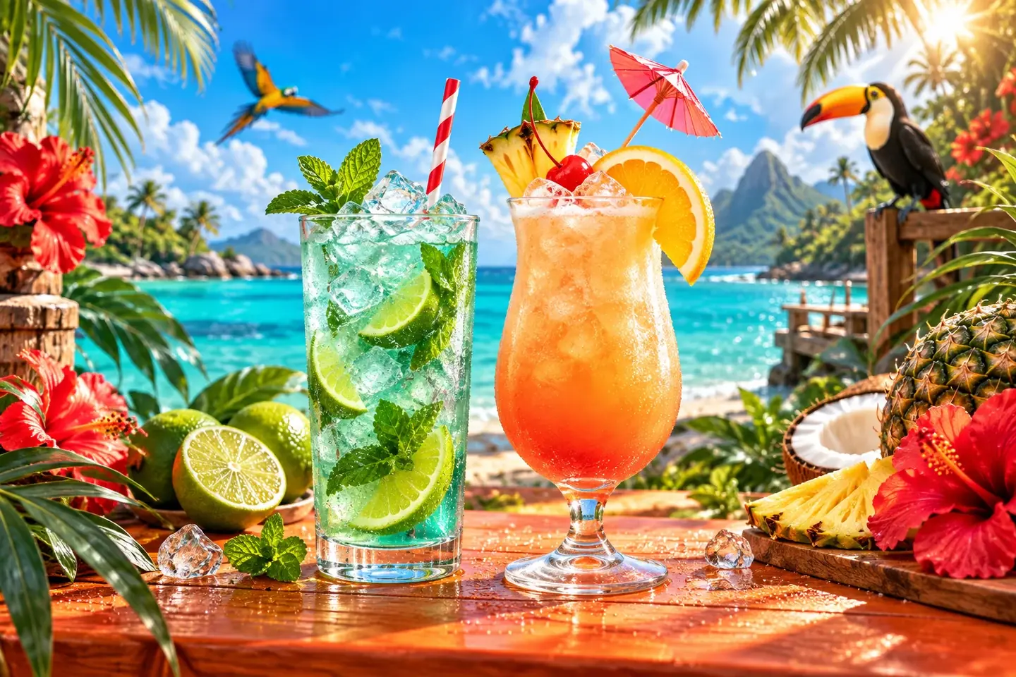 Serving inspiration: chilled tropical cocktails with ice and a toucan beside a lagoon